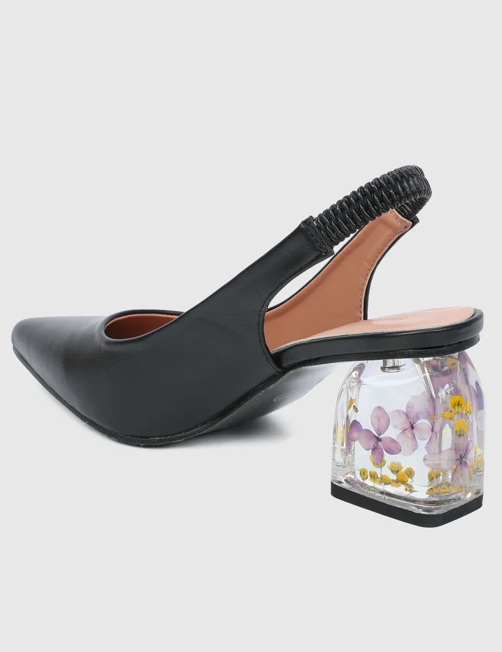 Summer Pointed Toe Floral Heels (Black)