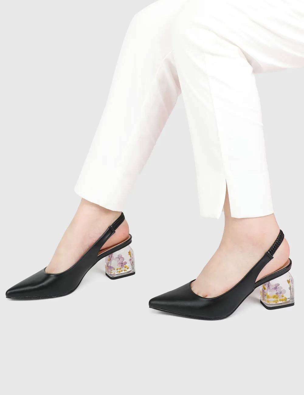 Summer Pointed Toe Floral Heels (Black)