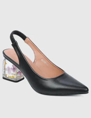 Summer Pointed Toe Floral Heels (Black)