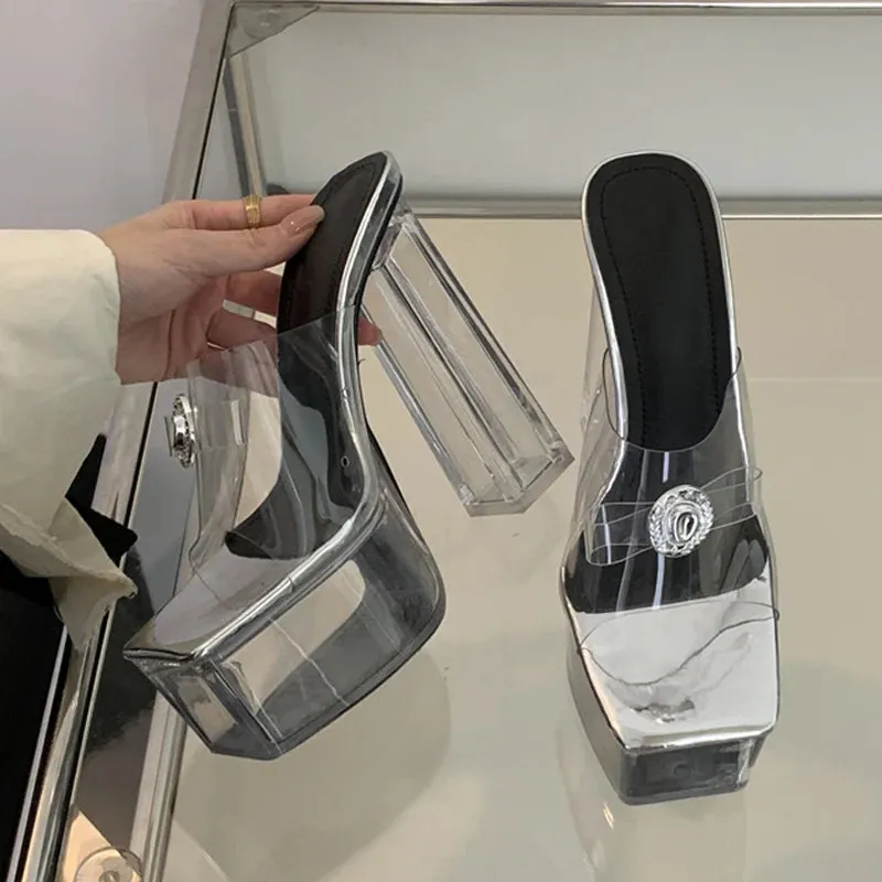 Transparent Chunky High Heels Modern Slippers