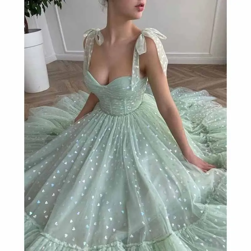 Tulle Prom Dresses Tea Length Spaghetti Straps Formal Evening Party Gowns for Women