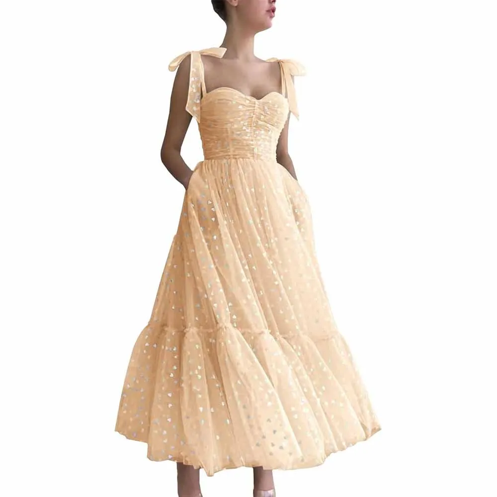 Tulle Prom Dresses Tea Length Spaghetti Straps Formal Evening Party Gowns for Women