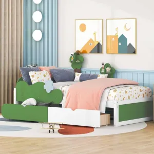 Twin Size Bed Frame with Grass Hill and Storage Drawers for Kids Green