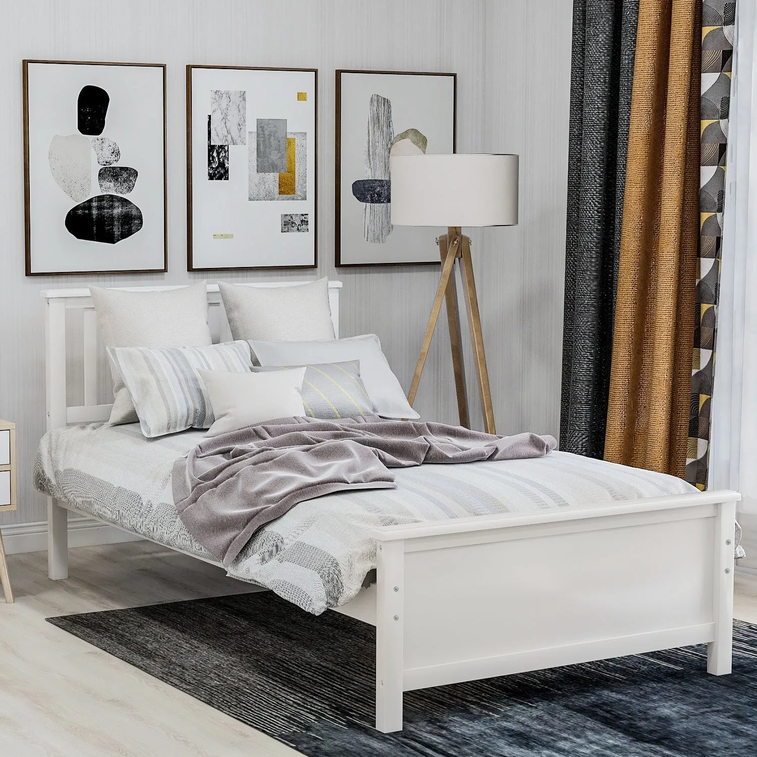 Twin Size Wood Platform Bed with Headboard,Footboard and Wood Slat Support