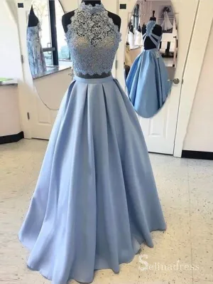Two Pieces Light Sky Blue Lace Long Prom Dresses HIgh Neck Lace Evening Dress CBD534