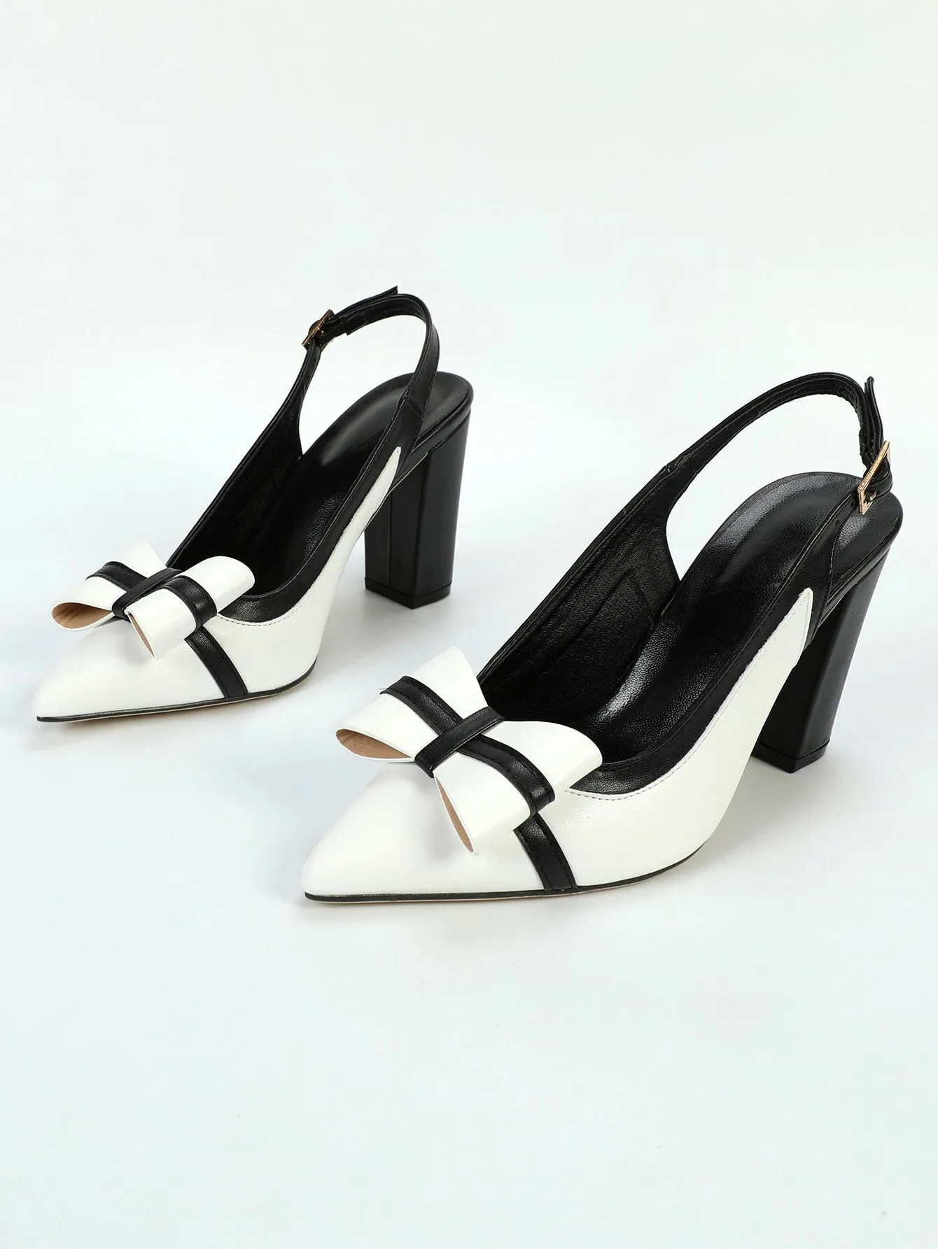 Two Tone Bow Decor Chunky Heeled Slingback Pumps