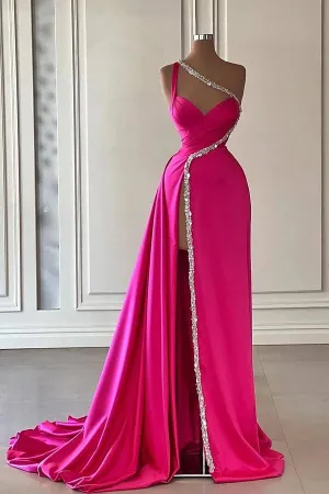 Unique Silver Beaded High Split Court Train Mermaid One shoulder Prom Dresses
