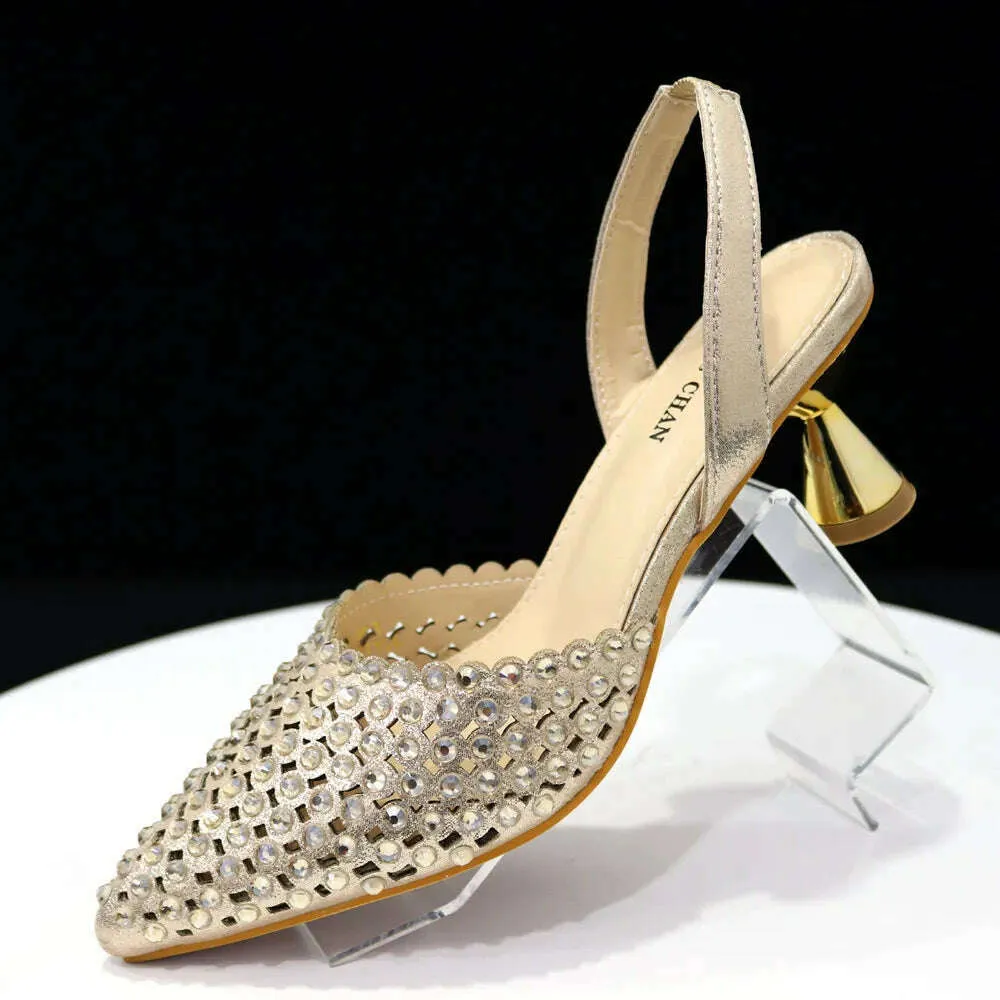 Venus Chan High Heels for Lady 2023 Luxury Designer Green Color Full Diamond Pointed Toe Wedding Shoe and Bag Set for Party
