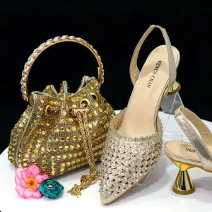 Venus Chan High Heels for Lady 2023 Luxury Designer Green Color Full Diamond Pointed Toe Wedding Shoe and Bag Set for Party