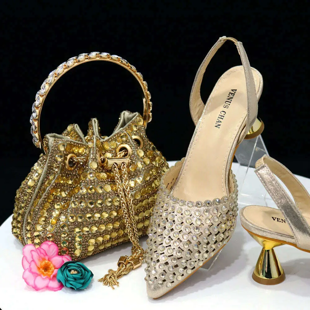 Venus Chan High Heels for Lady 2023 Luxury Designer Green Color Full Diamond Pointed Toe Wedding Shoe and Bag Set for Party