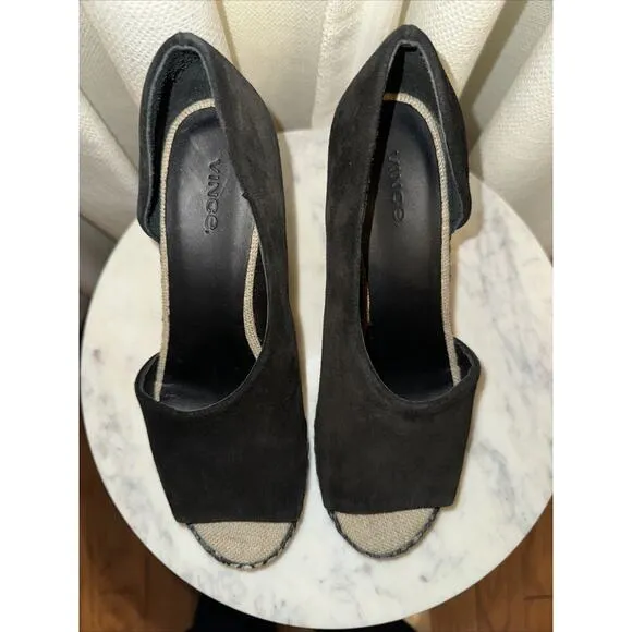 VINCE Sonora Suede Espadrille Wedge Asymmetric Black Sandal Shoe Sz 7