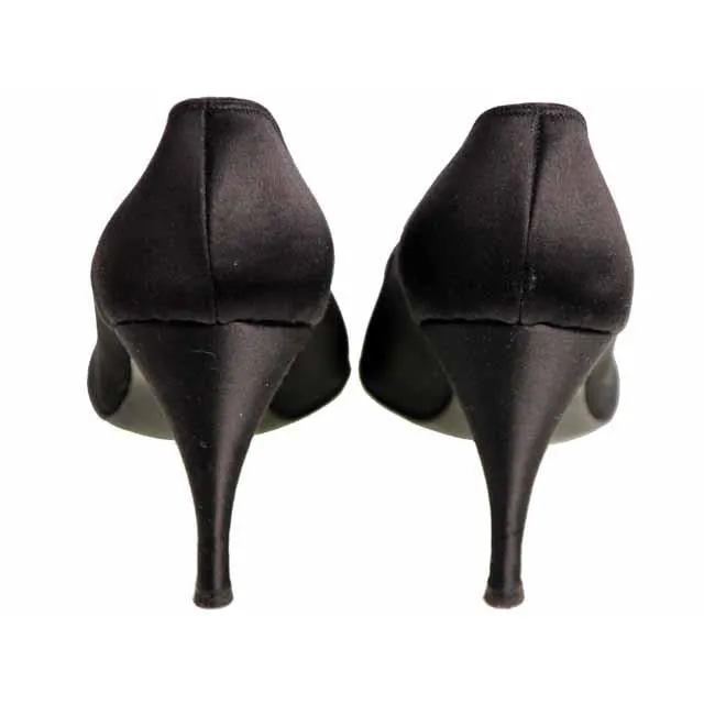 Vintage Stiletto Heels Shoes Black Satin  Pointed Womens 9 B 1950s
