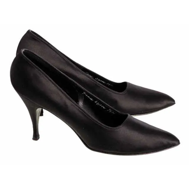 Vintage Stiletto Heels Shoes Black Satin  Pointed Womens 9 B 1950s