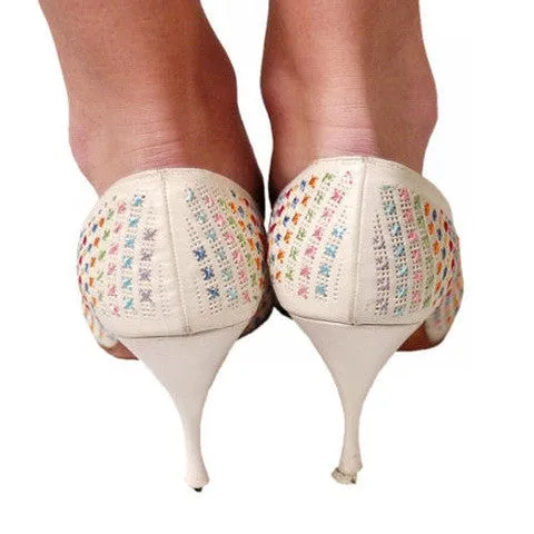 Vintage  White Leather Stiletto Heels Embroidered Unique 1950S Womens 7.5