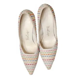 Vintage  White Leather Stiletto Heels Embroidered Unique 1950S Womens 7.5