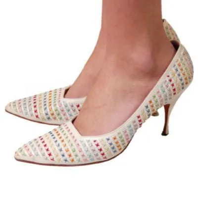 Vintage  White Leather Stiletto Heels Embroidered Unique 1950S Womens 7.5