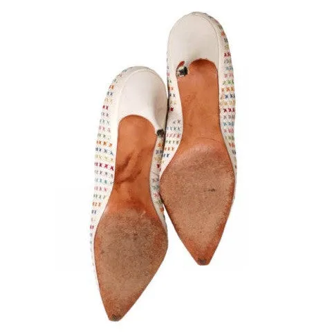 Vintage  White Leather Stiletto Heels Embroidered Unique 1950S Womens 7.5