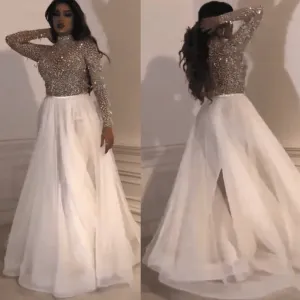 white beaded prom dresses long high neck long sleeve crystals luxury arabic prom gown vestido de Longo