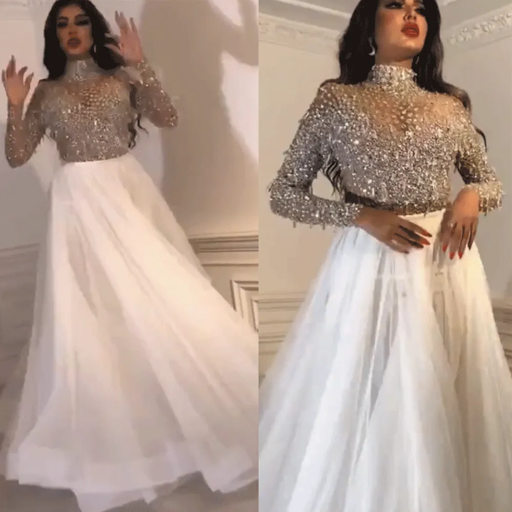 white beaded prom dresses long high neck long sleeve crystals luxury arabic prom gown vestido de Longo