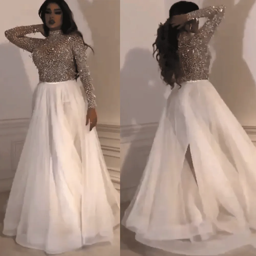 white beaded prom dresses long high neck long sleeve crystals luxury arabic prom gown vestido de Longo