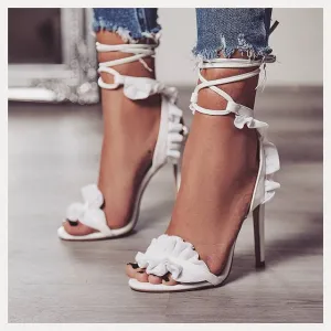 White Bridal Shoes -Woman High Heels Floral White Lace Up Peep Toe Classic Pumps