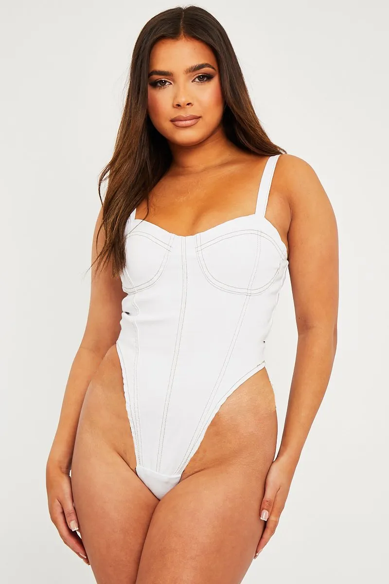 White Contrast Stitch Denim Bodysuit - Jamelia