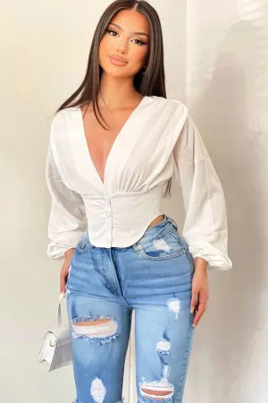 White Plunge Button Front Top - Zamina