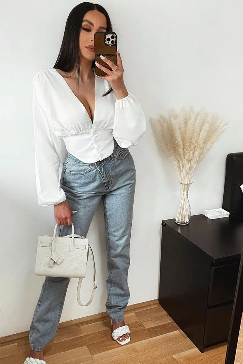 White Plunge Button Front Top - Zamina