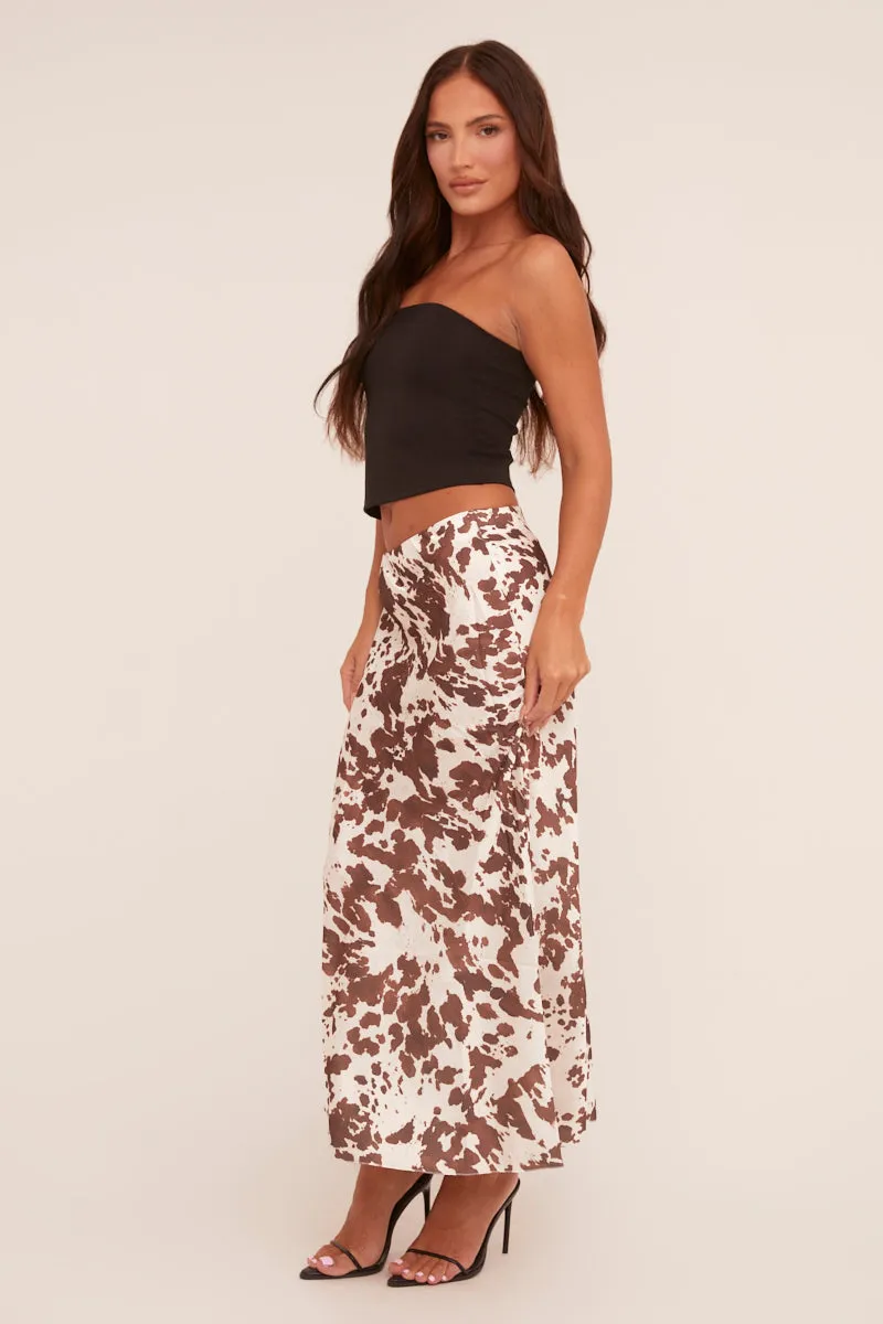 White Satin Cow Print Maxi Skirt - Fame