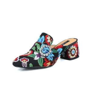 Women Pumps Slip On Retro Printing Thick High Heels