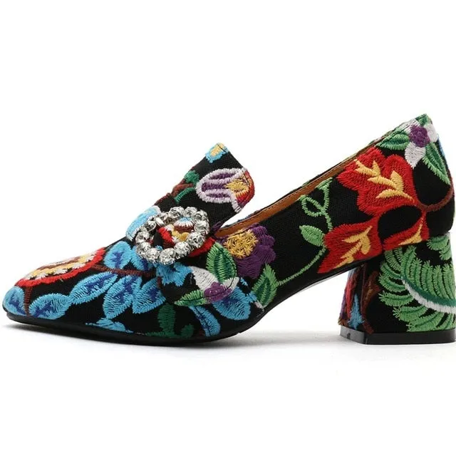 Women Pumps Slip On Retro Printing Thick High Heels