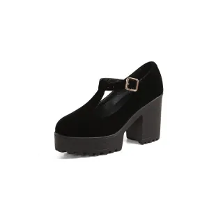 Women Round Toe T Strap Chunky Heel Platform Pumps