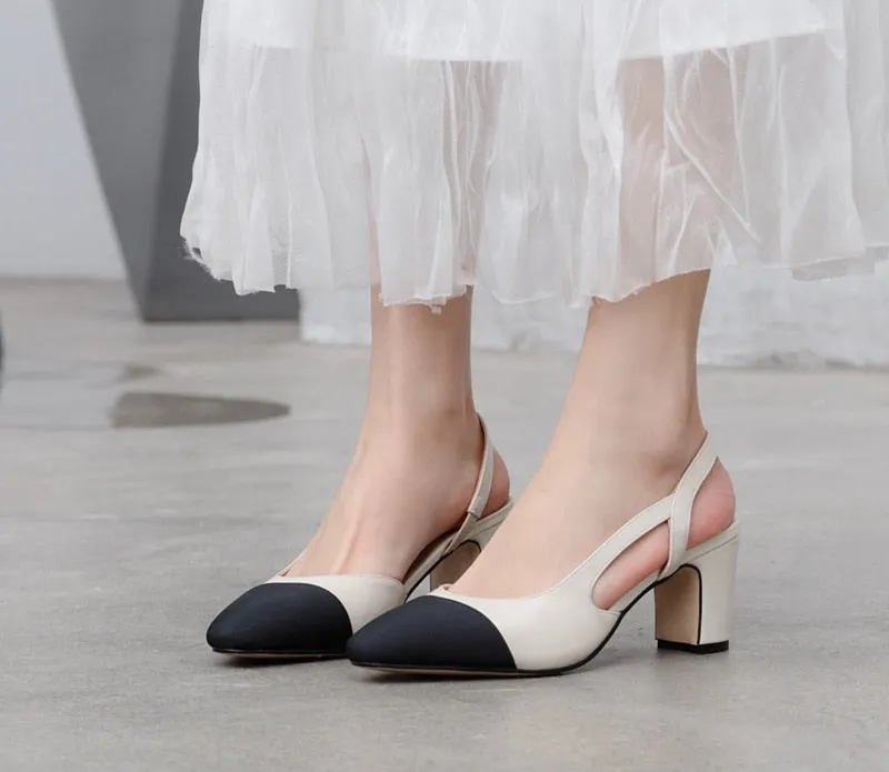 Women Slingbacks Shoes High Heels Natural Genuine Leather Thick High Heel Shoes Cow Leather Mixed Colors Pumps Ladies 40