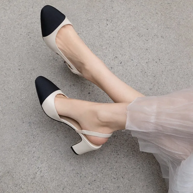 Women Slingbacks Shoes High Heels Natural Genuine Leather Thick High Heel Shoes Cow Leather Mixed Colors Pumps Ladies 40