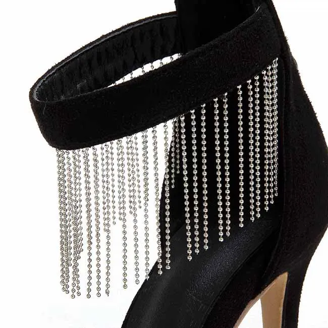 Women Strappy Strap Chain Black Suede High Heels