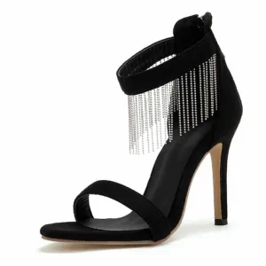 Women Strappy Strap Chain Black Suede High Heels