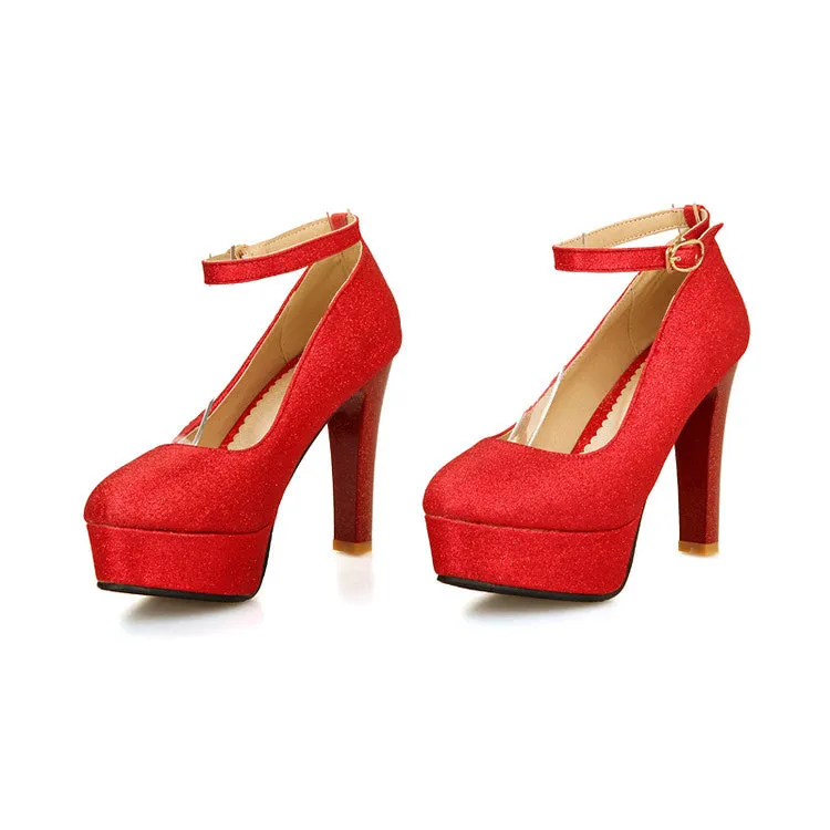 Women's Ankle Strap Sequined High Heel Platform Pumps