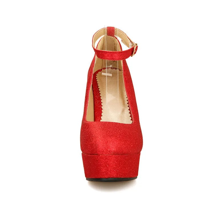Women's Ankle Strap Sequined High Heel Platform Pumps