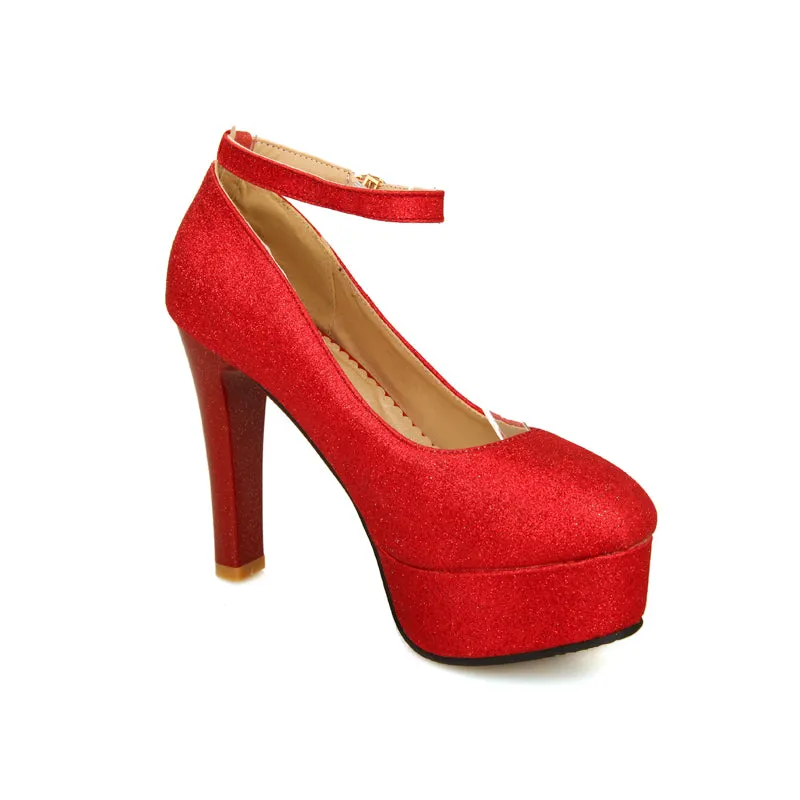 Women's Ankle Strap Sequined High Heel Platform Pumps