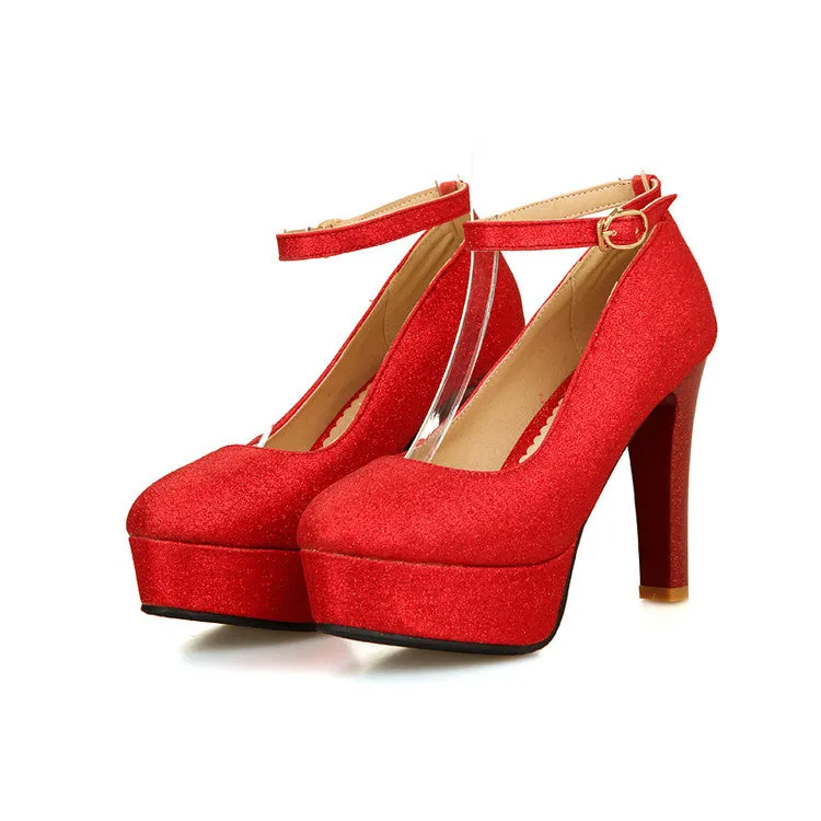Women's Ankle Strap Sequined High Heel Platform Pumps