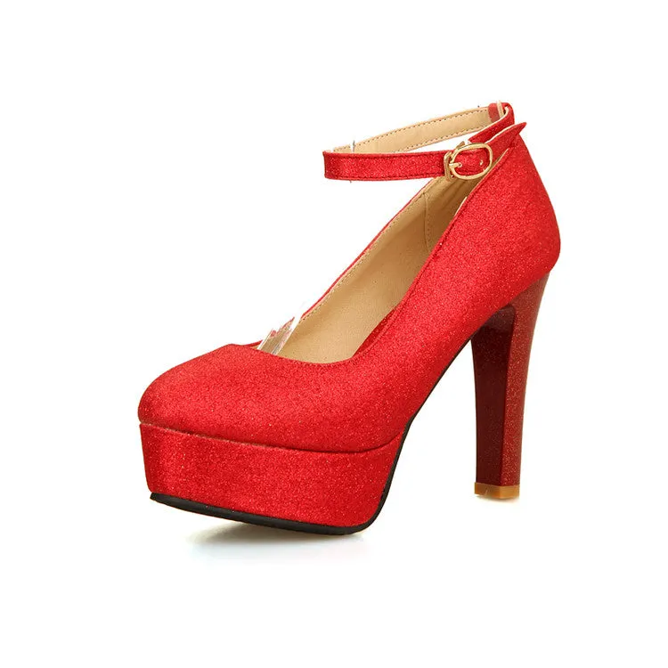 Women's Ankle Strap Sequined High Heel Platform Pumps