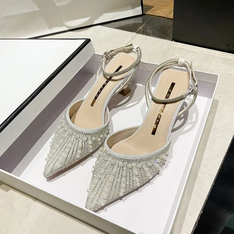 Women's Crystal Pearl Party Wedding Working Stage Shoes