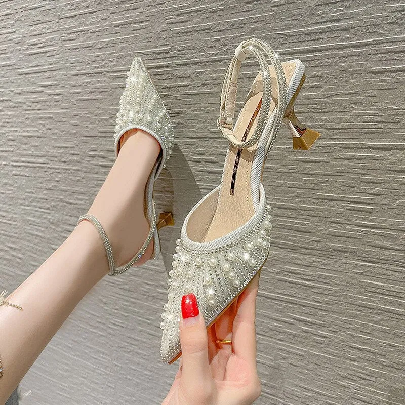 Women's Crystal Pearl Party Wedding Working Stage Shoes