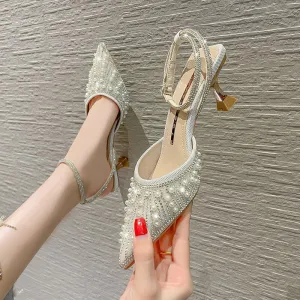 Women's Crystal Pearl Party Wedding Working Stage Shoes