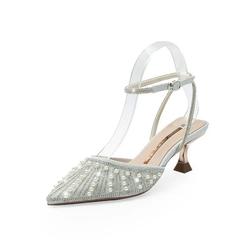 Women's Crystal Pearl Party Wedding Working Stage Shoes