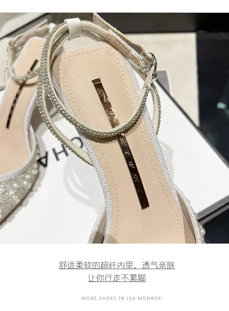 Women's Crystal Pearl Party Wedding Working Stage Shoes