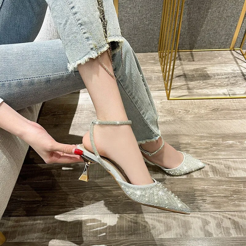 Women's Crystal Pearl Party Wedding Working Stage Shoes