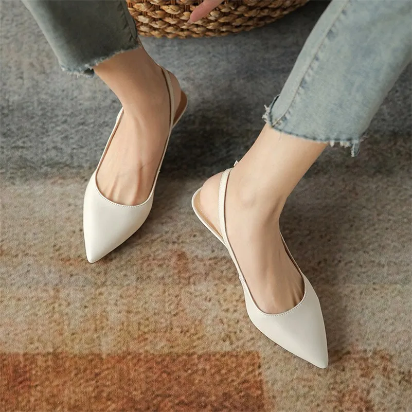 Women's Genuine Leather Slingback Shoes Thin Low Heel Pumps Pointed Toe