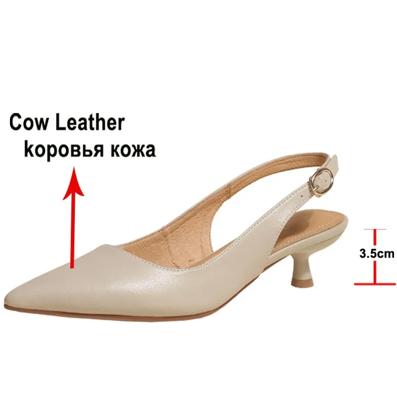 Women's Genuine Leather Slingback Shoes Thin Low Heel Pumps Pointed Toe