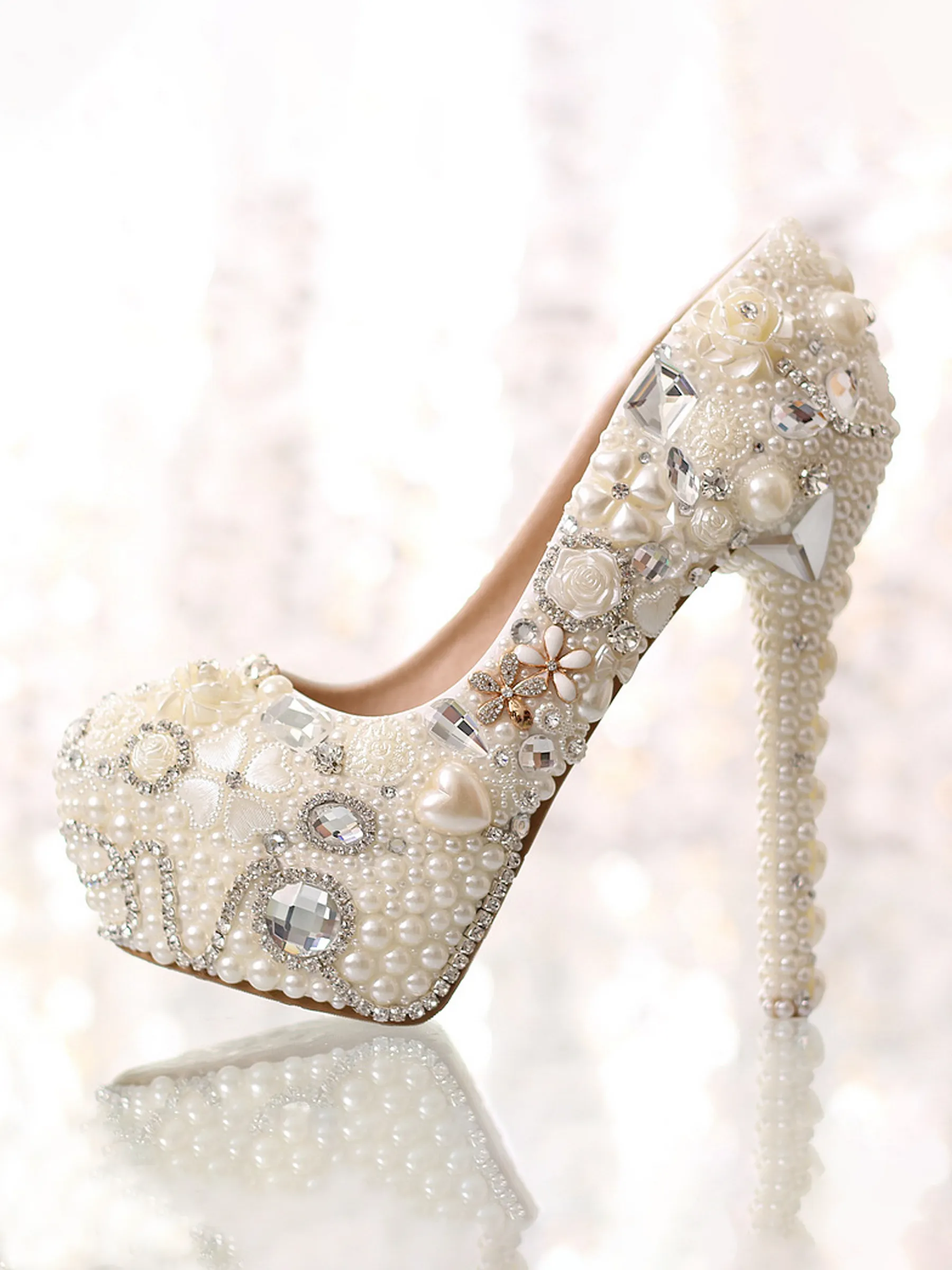 Womens Platform Pearl Rhinestone Wedding Shoes High Heel Party Evening  Bridal Crystal Shoes